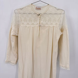Vintage 80s Nightgown Cream with Lace Yoke Rosette Made in the USA Modest Medium